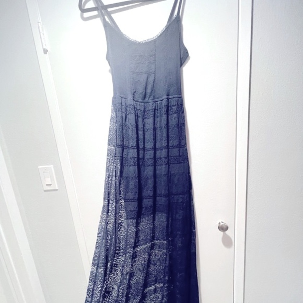 Navy lace overlay maxi dress with back cutout